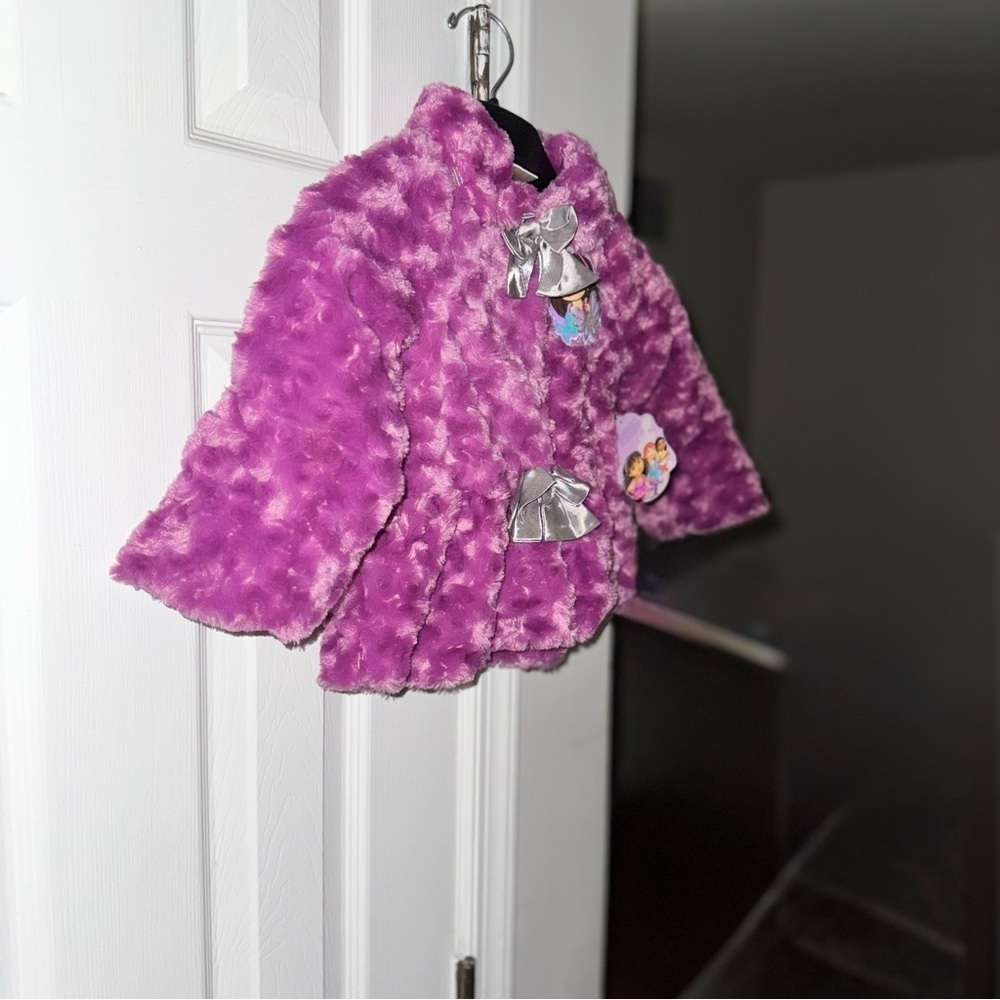 NICKELODEON Dora & Friends Girls 3T Purple Faux Fur Sparkle Jacket Coat Bows NWT - Picture 8 of 16